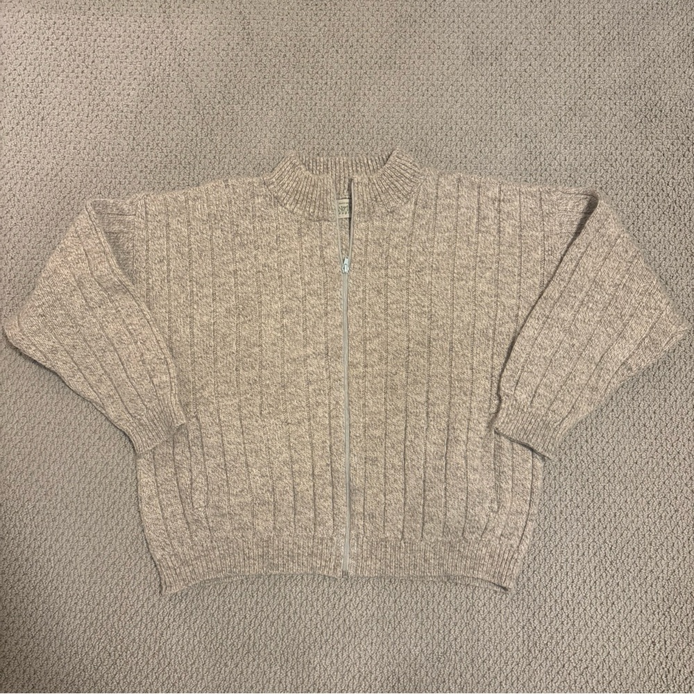 VTG Wool Blend Chunky Knit Zip Cardigan Sweater Wmns M Tan Fisherman Grandpacore